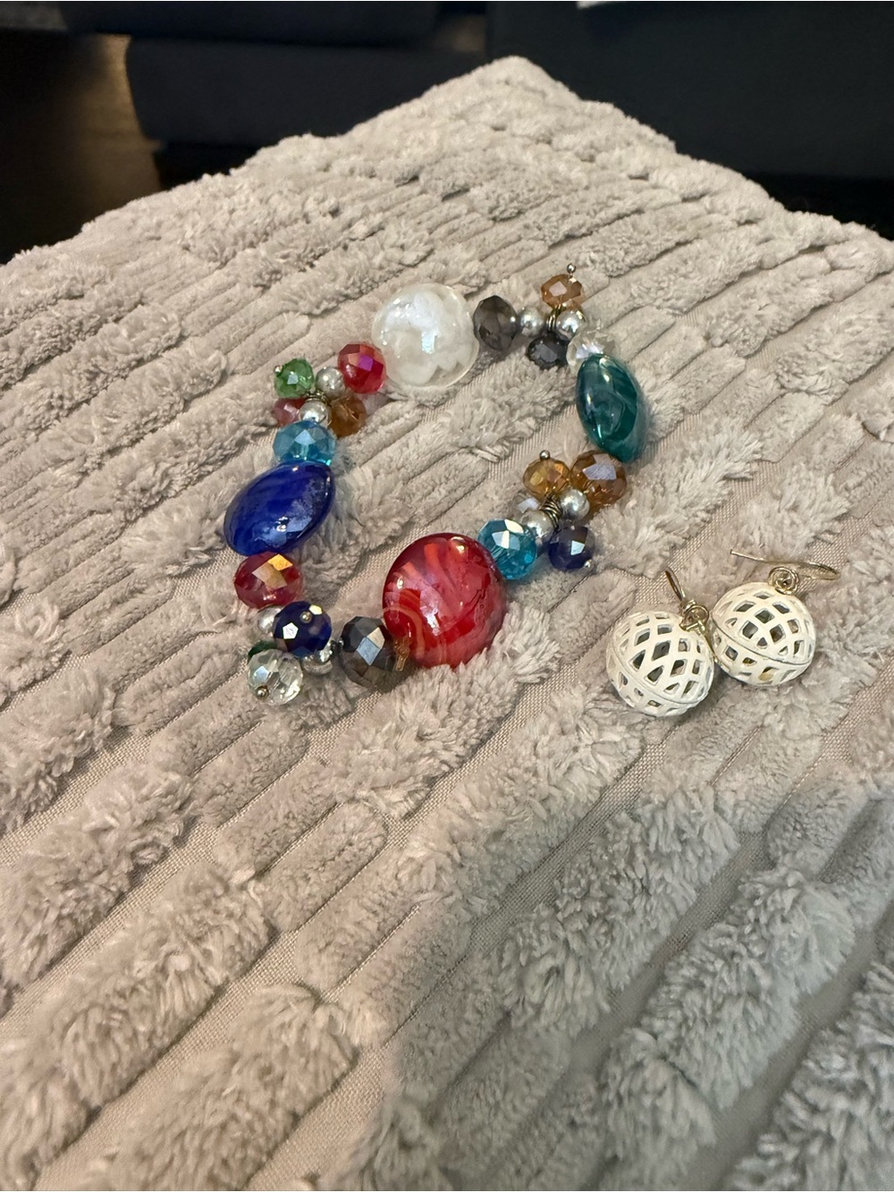 Colorful Beaded Stretch Bracelet + White Openwork Drop Earrings Set